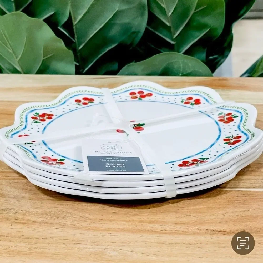 NWT Gorgeous Rachel Ashwell Set of 4 White Red Tomatoes Melamine Salad 9” Plates